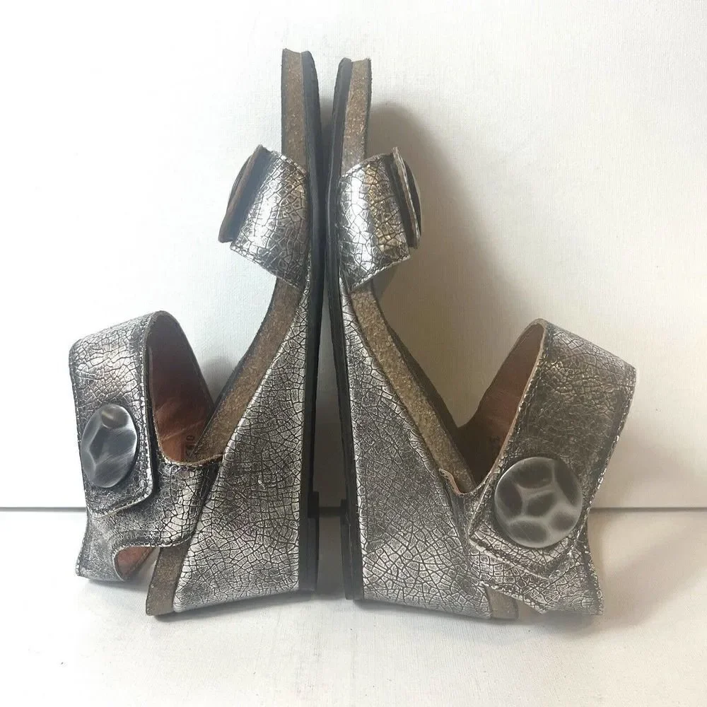 Taos Womens metallic Gray Leather Wedge Sandals EU 40 US 9.5 Sling Back Open Toe